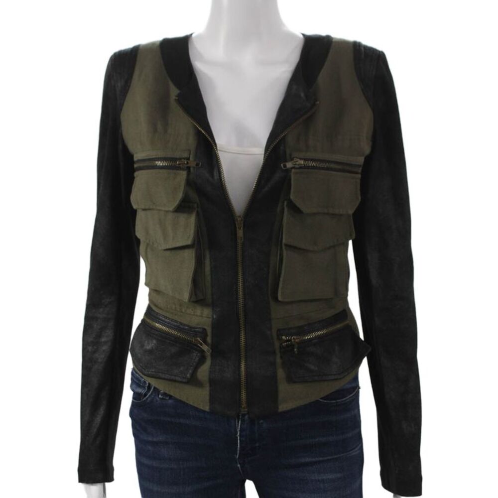 Georgie Womens Military Jacket Green Cotton Zip Solid Long Sleeve Fall Size S